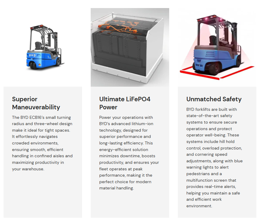 [BYD] ECB16 - 1.6 Tonne 3-Wheel Heavy-Duty Counterbalance Forklift (Lithium)